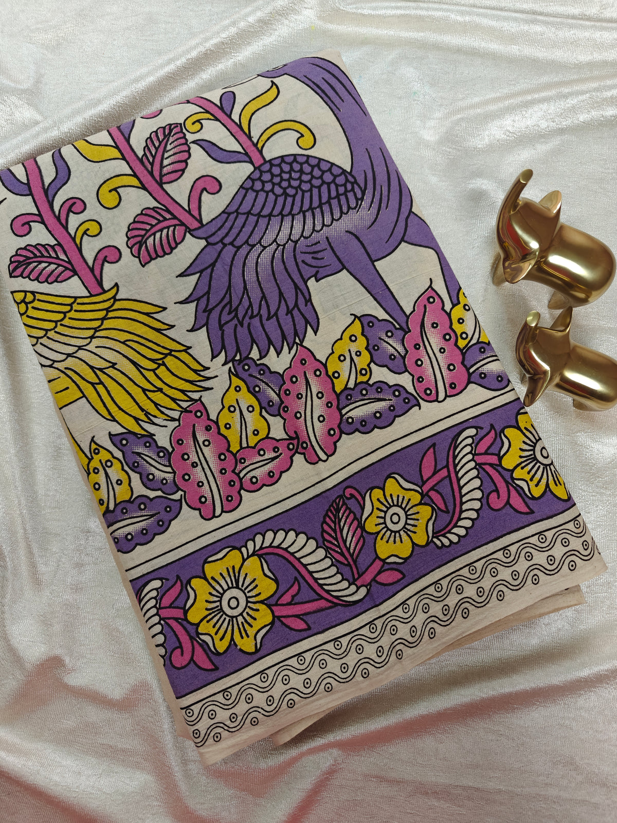 Cotton Kalamkari Saree - Cream with Purple