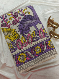 Cotton Kalamkari Saree - Cream with Purple