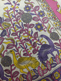 Cotton Kalamkari Saree - Cream with Purple