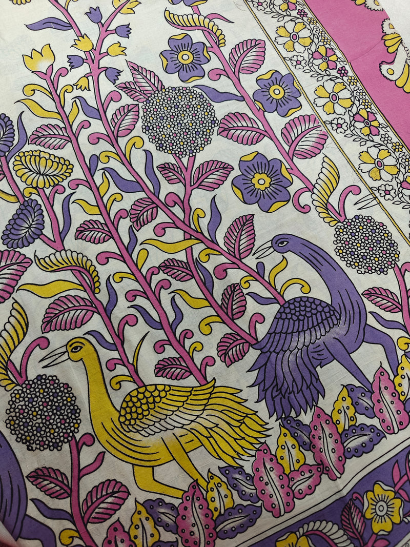Cotton Kalamkari Saree - Cream with Purple