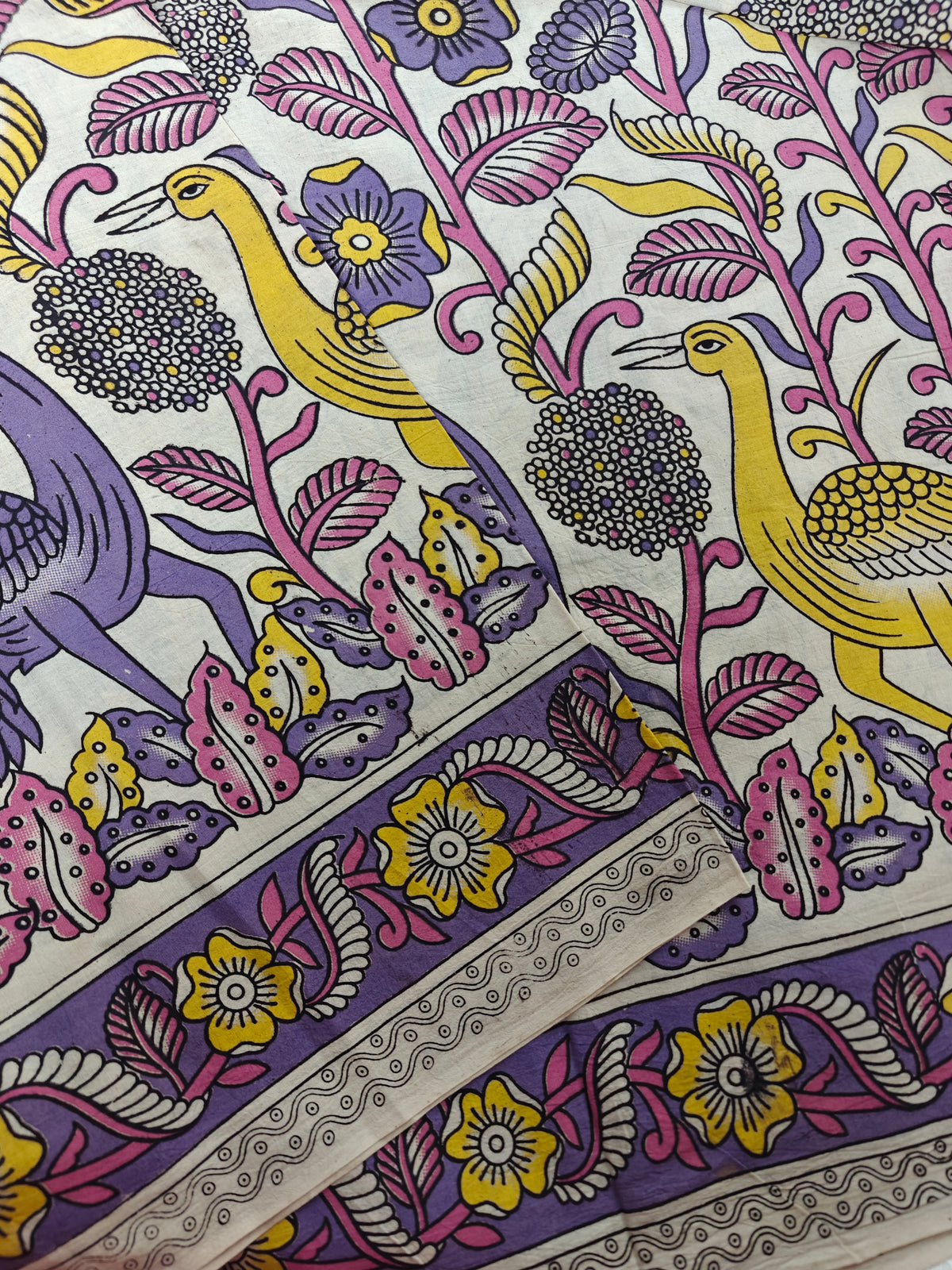 Cotton Kalamkari Saree - Cream with Purple