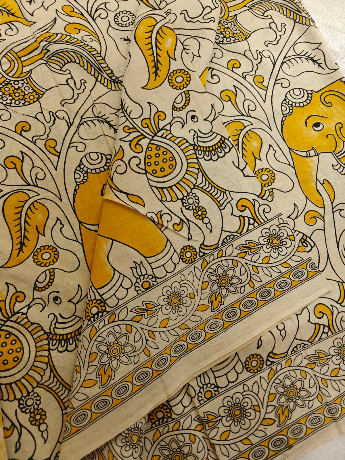 Cotton Kalamkari Saree - Cream with Yellow