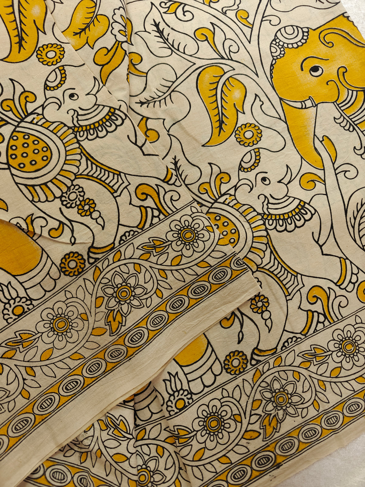 Cotton Kalamkari Saree - Cream with Yellow