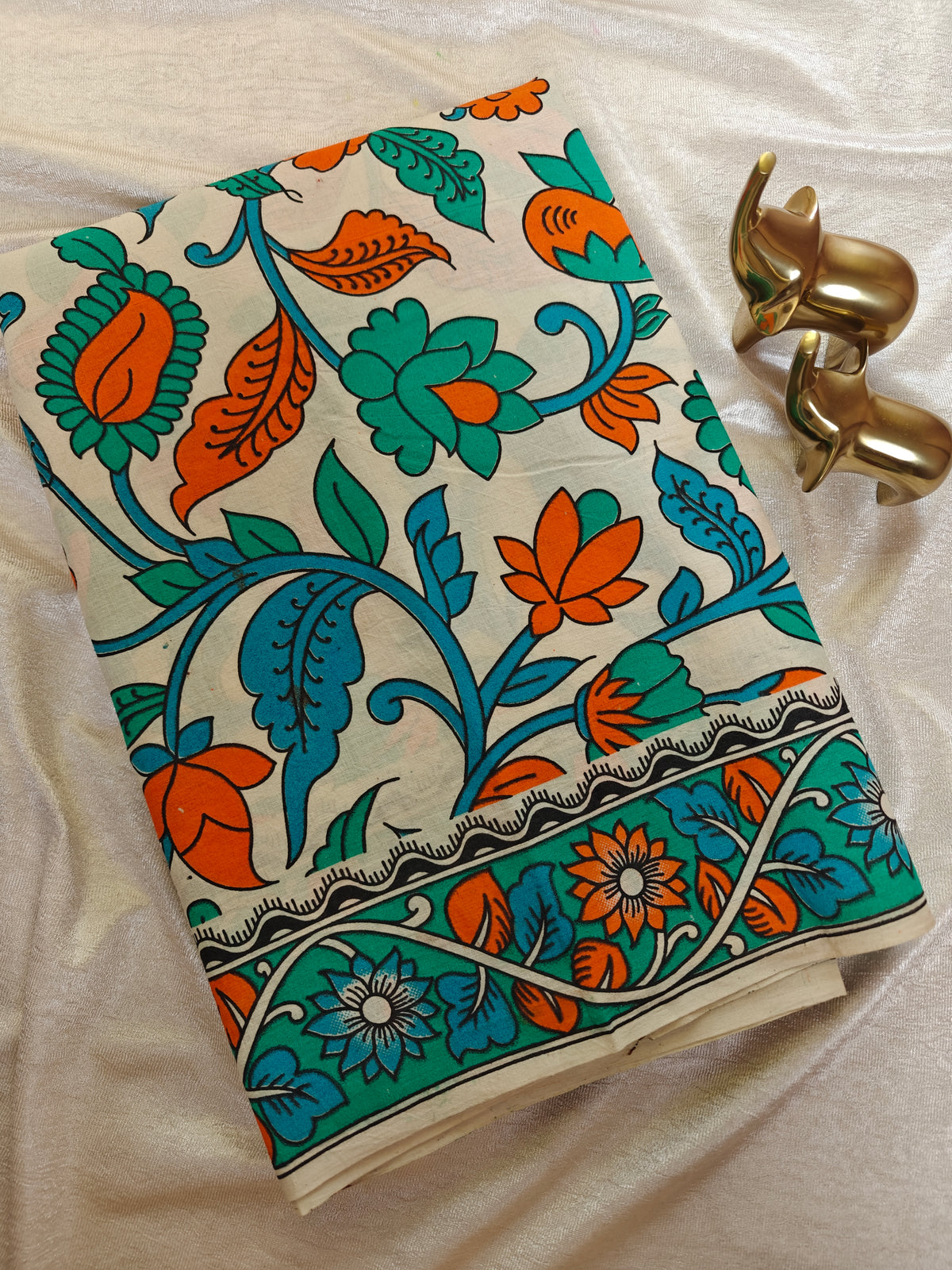 Cotton Kalamkari Saree - Cream with Sea Green