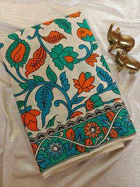 Cotton Kalamkari Saree - Cream with Sea Green