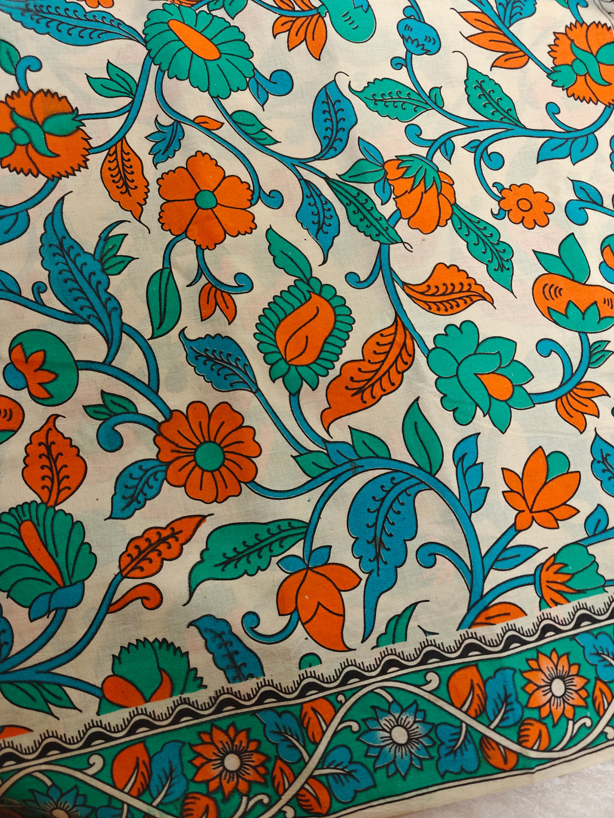 Cotton Kalamkari Saree - Cream with Sea Green