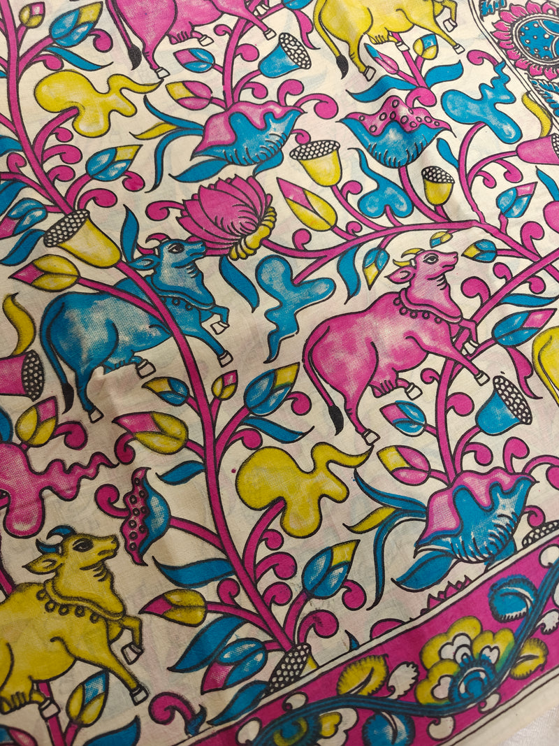 Cotton Kalamkari Saree - Pink with Blue