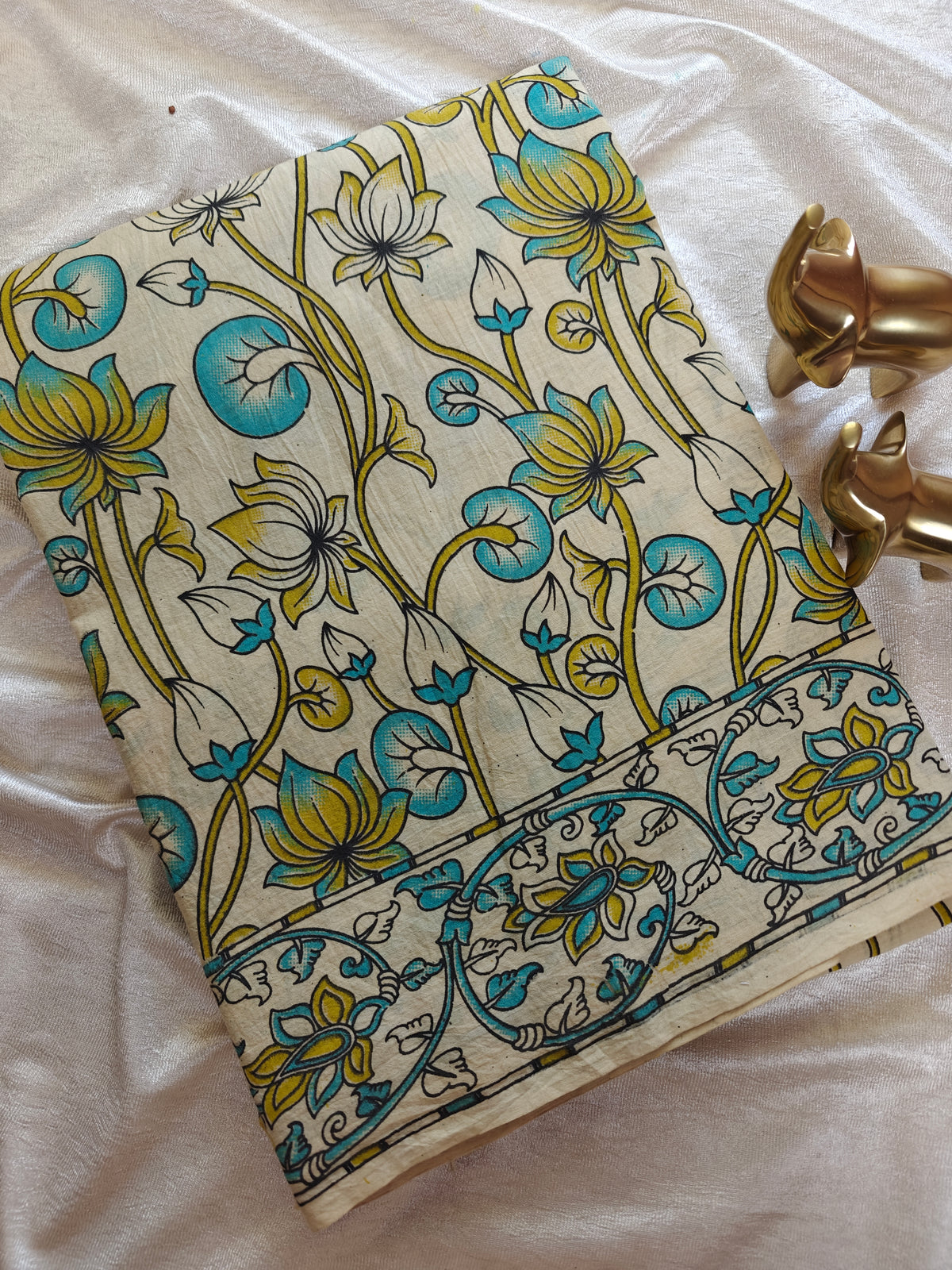 Cotton Kalamkari Saree - Cream with Blue