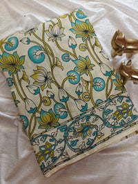 Cotton Kalamkari Saree - Cream with Blue