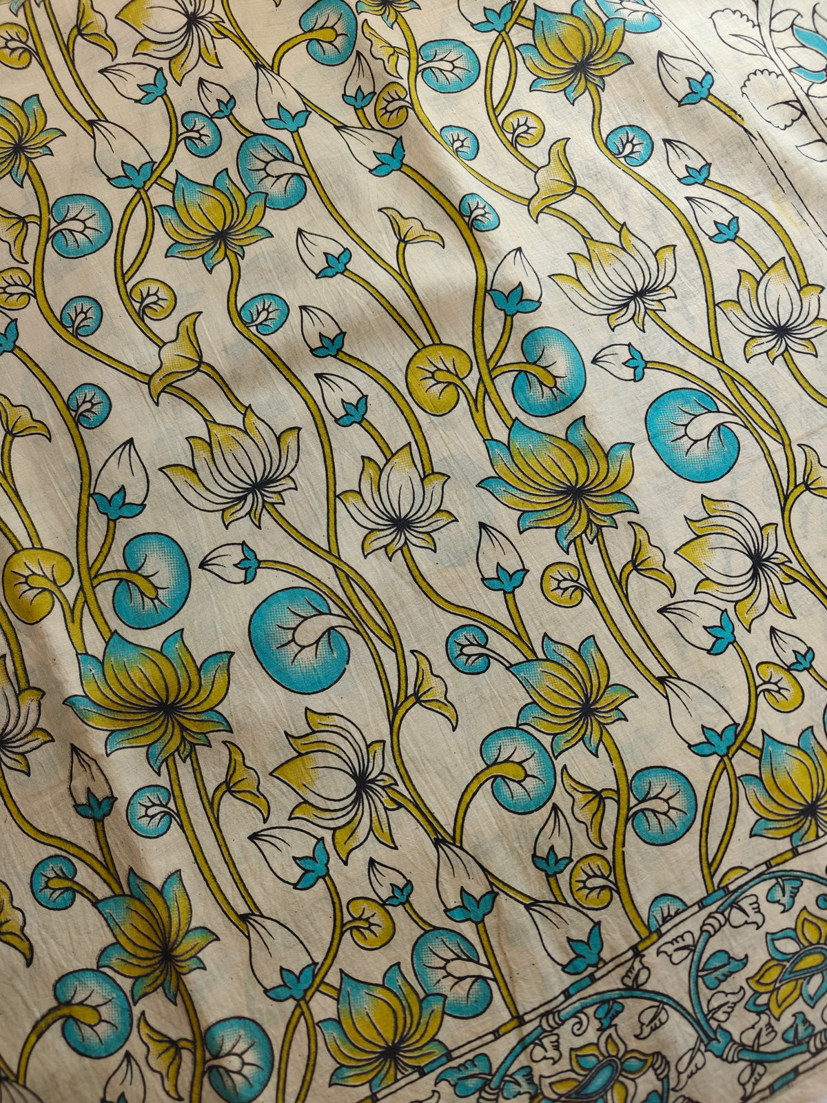 Cotton Kalamkari Saree - Cream with Blue