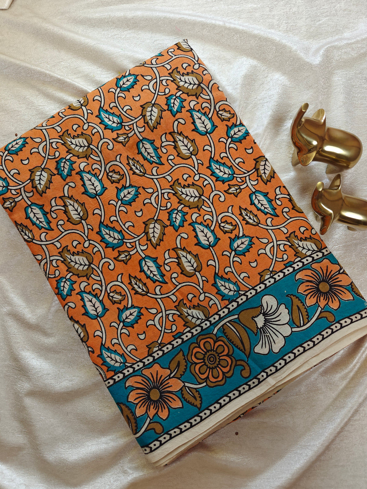 Cotton Kalamkari Saree - Orange with Blue