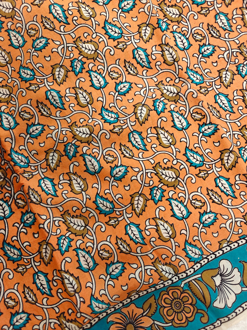 Cotton Kalamkari Saree - Orange with Blue