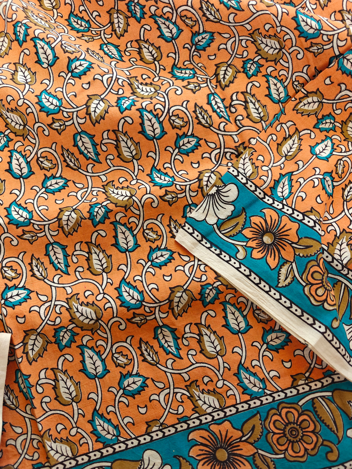 Cotton Kalamkari Saree - Orange with Blue