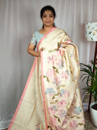 Soft Semi Tussar with Digital Prints  - Cream with Pink