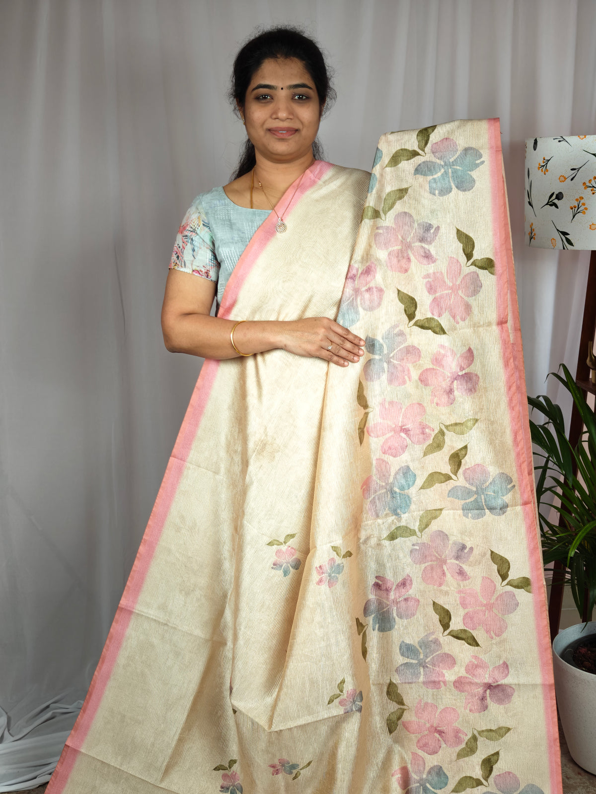 Soft Semi Tussar with Digital Prints  - Cream with Pink