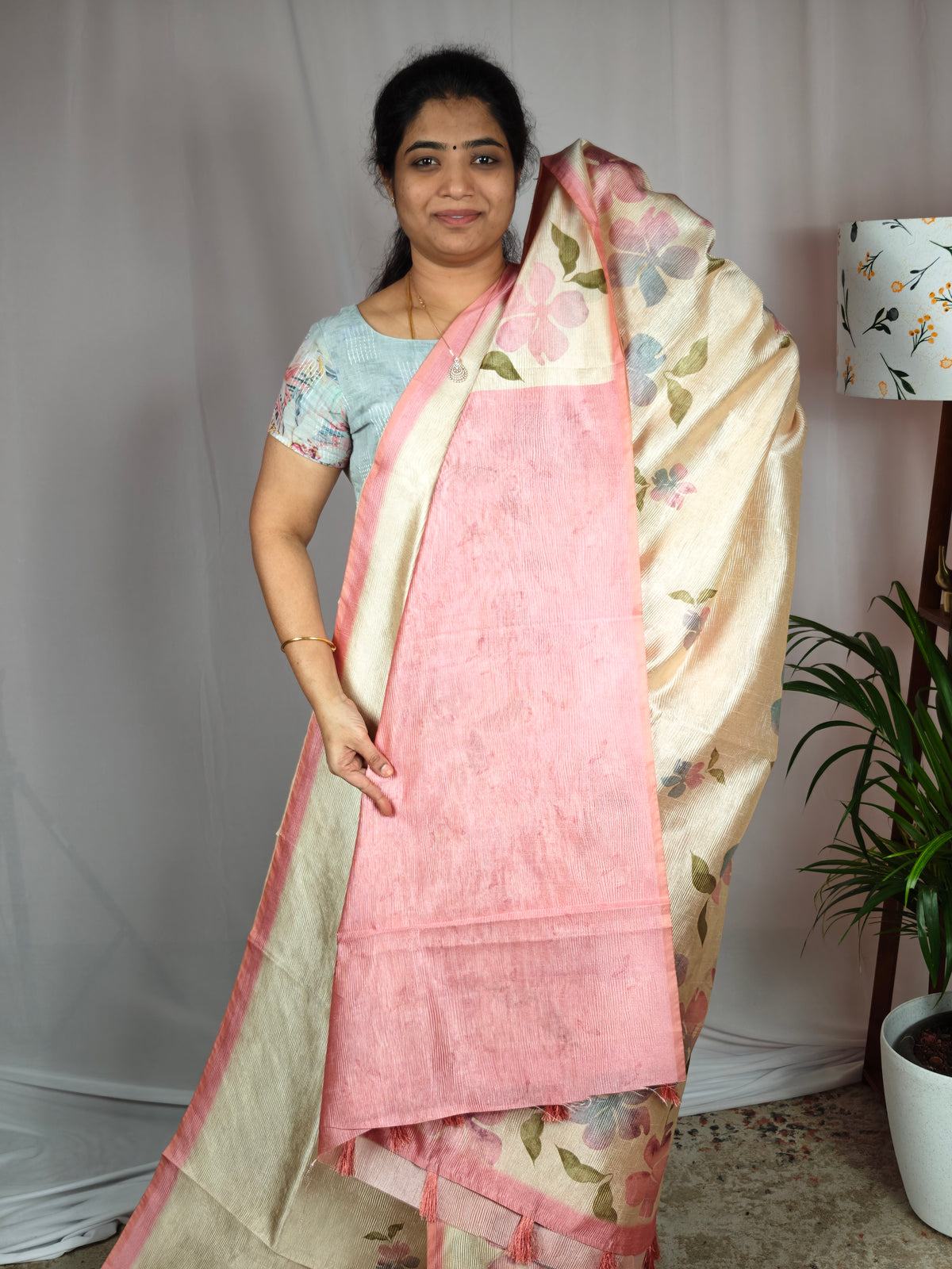 Soft Semi Tussar with Digital Prints  - Cream with Pink