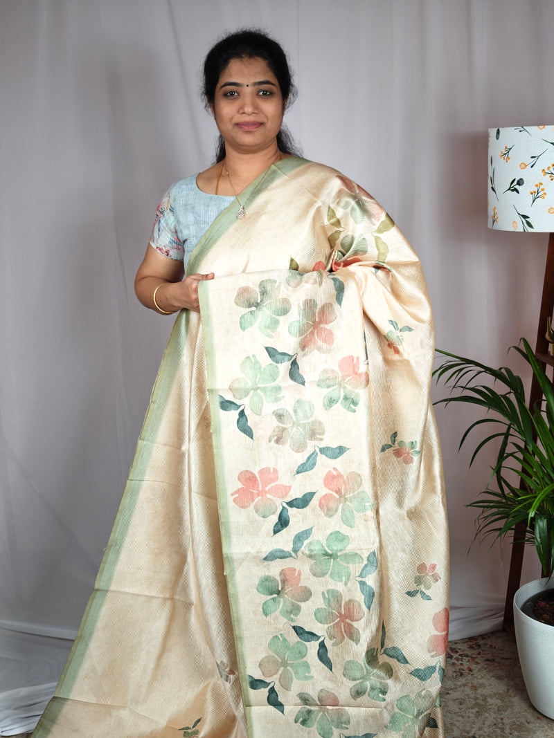 Soft Semi Tussar with Digital Prints  - Sea Green