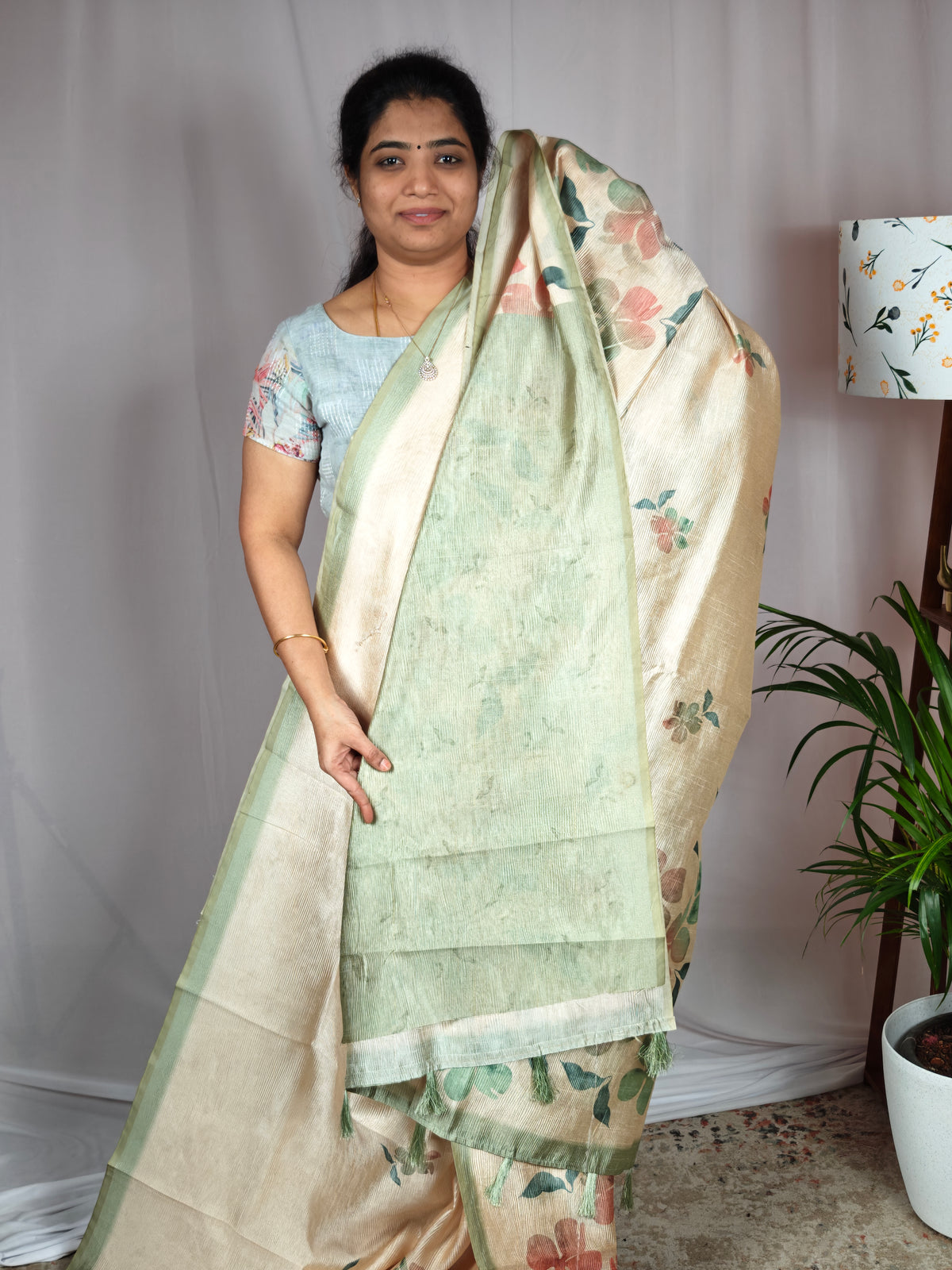 Soft Semi Tussar with Digital Prints  - Sea Green