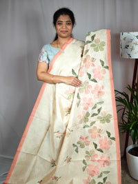 Soft Semi Tussar with Digital Prints  - Cream with Orange