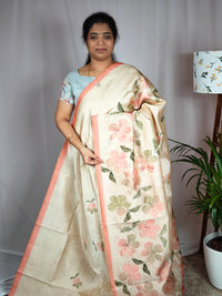 Soft Semi Tussar with Digital Prints  - Cream with Orange