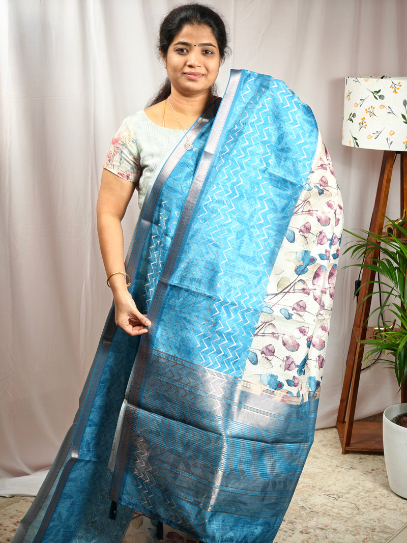 Soft Semi Tussar Zari Weaving  Border - Blue