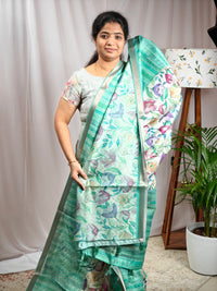 Soft Semi Tussar Zari Weaving  Border - Sea Green