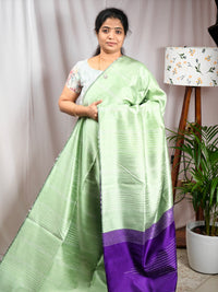 Raw Silk Saree - Pista Green eith Purple