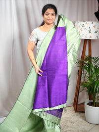 Raw Silk Saree - Pista Green eith Purple
