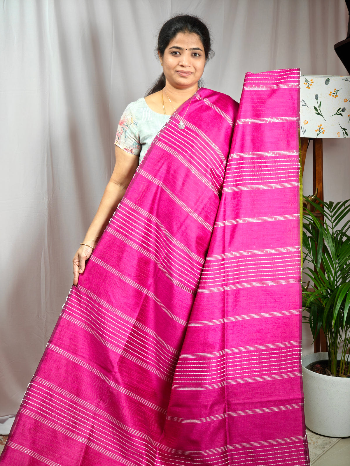 Raw Silk Saree - Pink with Lime Green
