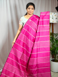Raw Silk Saree - Pink with Lime Green