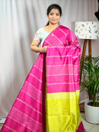 Raw Silk Saree - Pink with Lime Green