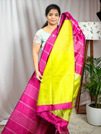 Raw Silk Saree - Pink with Lime Green