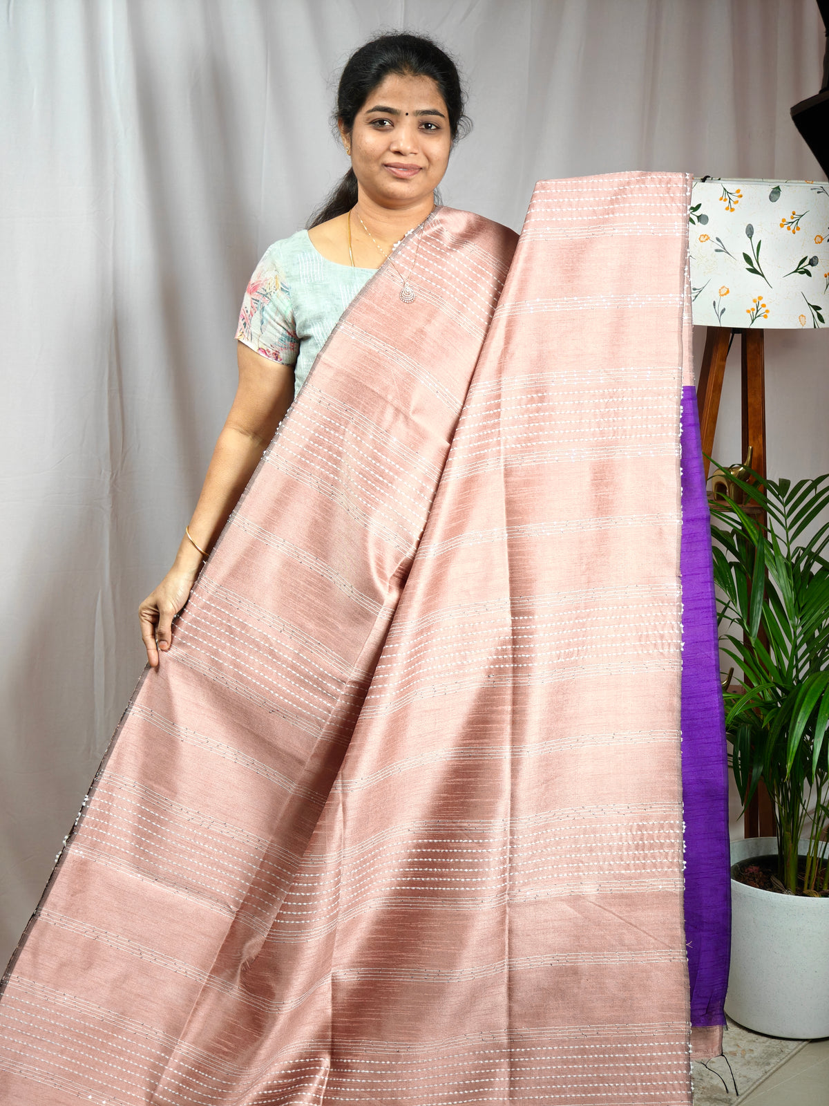 Raw Silk Saree - Onion Pink with Purple