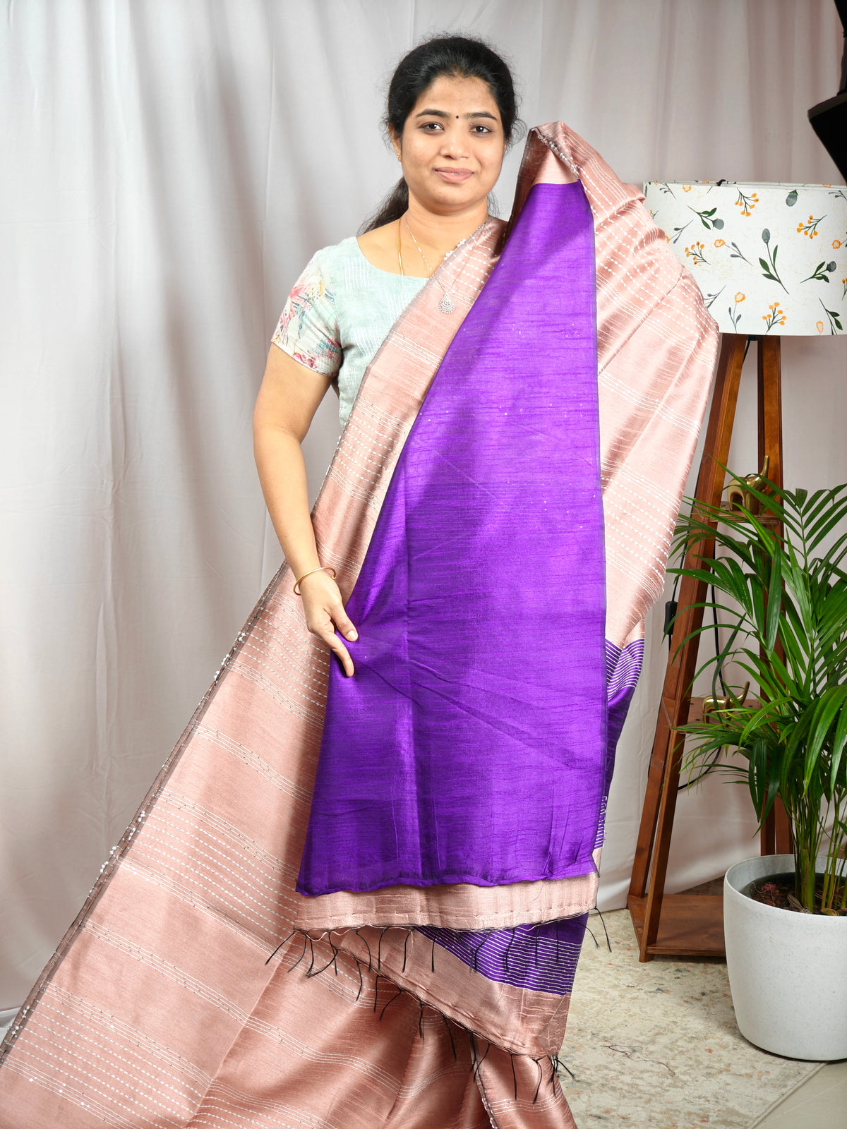 Raw Silk Saree - Onion Pink with Purple