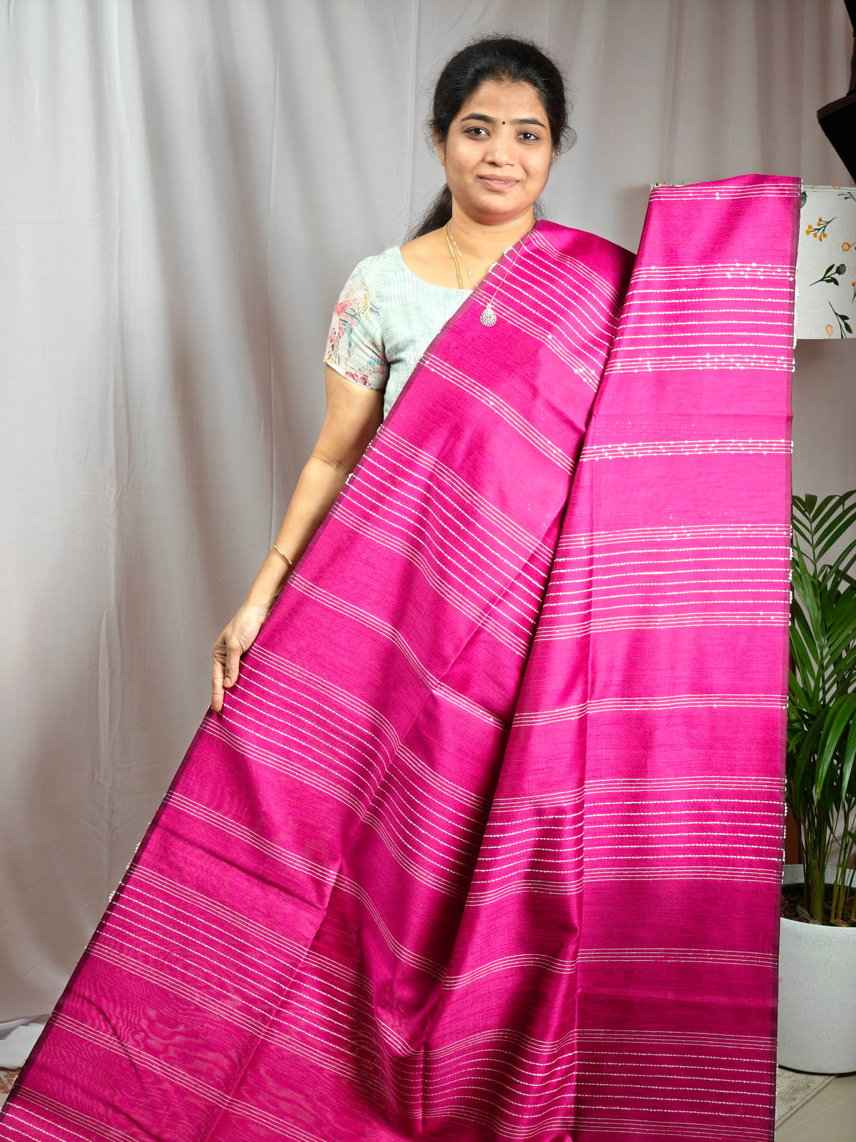 Semi Raw Silk Saree - Pink with Black