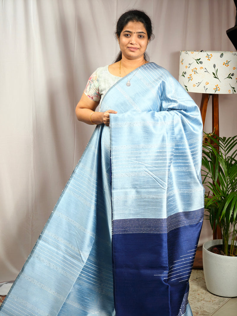 Raw Silk Saree - Blue with Dark Blue