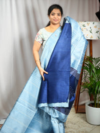 Raw Silk Saree - Blue with Dark Blue