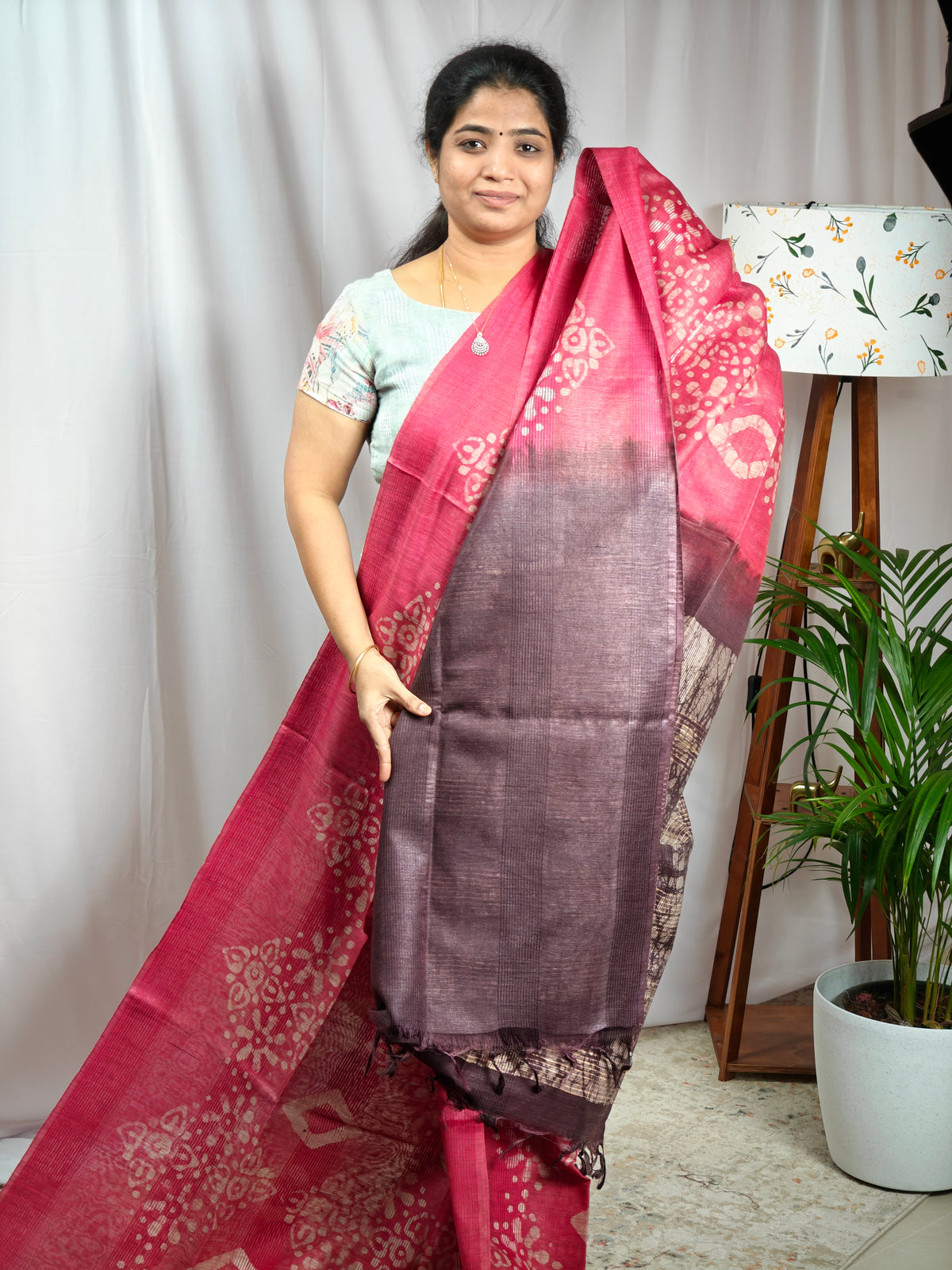 Bhagalpuri with Batik Print - Maroon with Brown