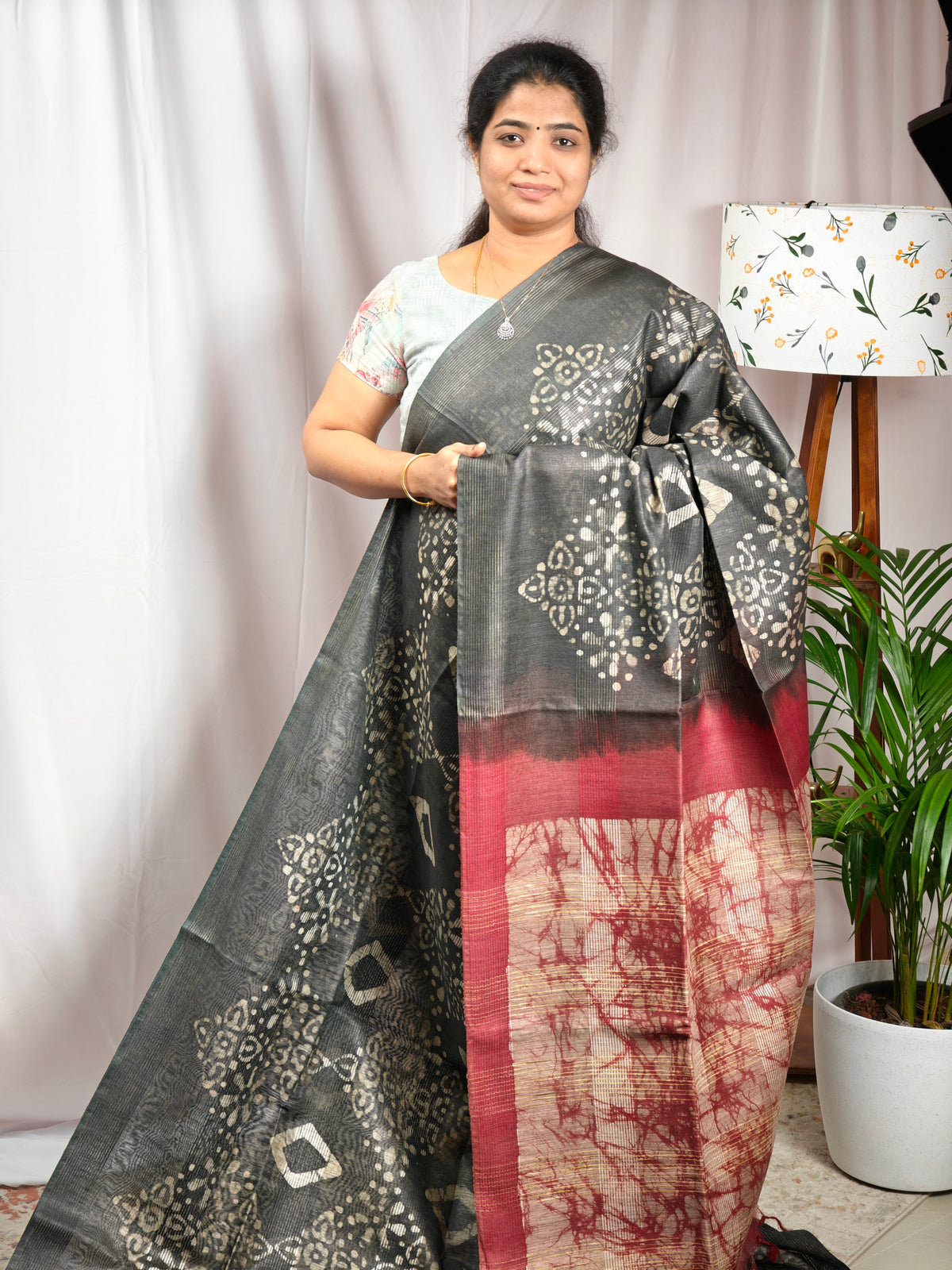 Bhagalpuri with Batik Print - Grey with Maroon