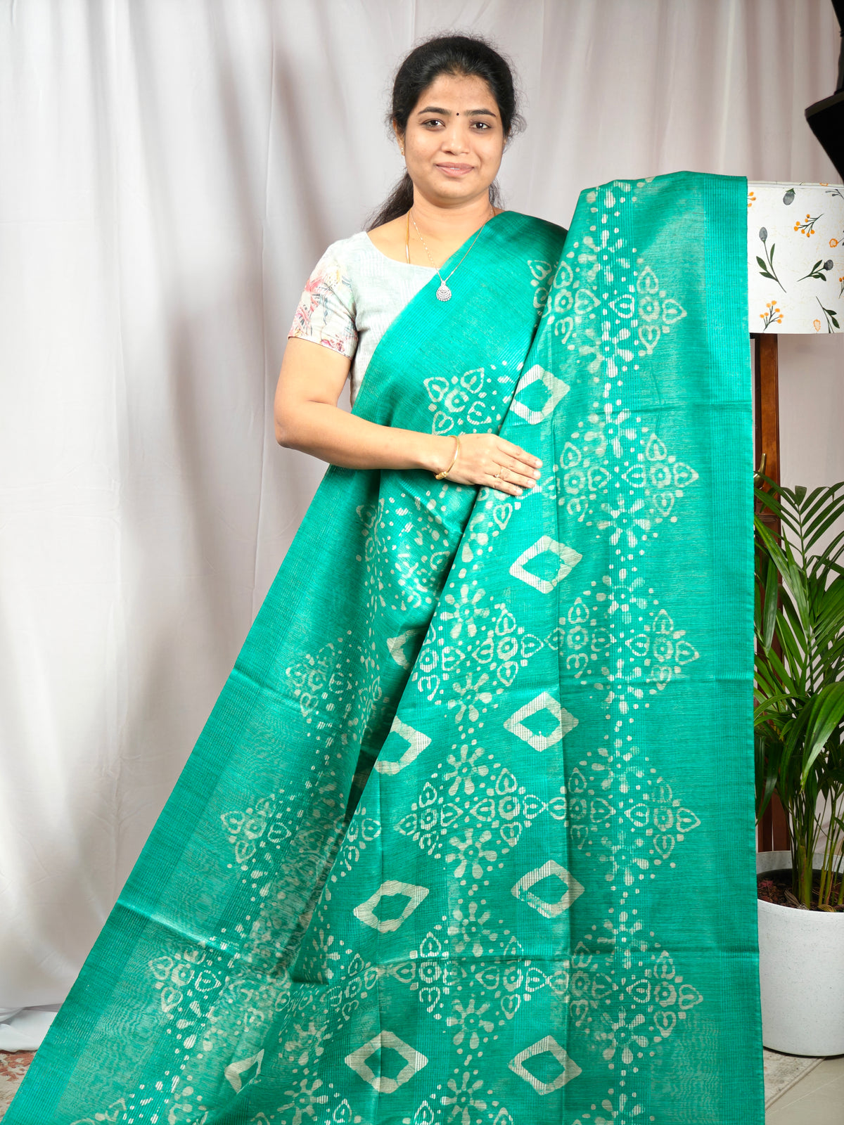 Bhagalpuri with Batik Print - Sea Green with Blue