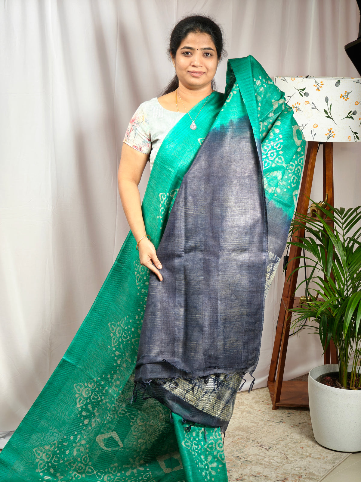 Bhagalpuri with Batik Print - Sea Green with Blue