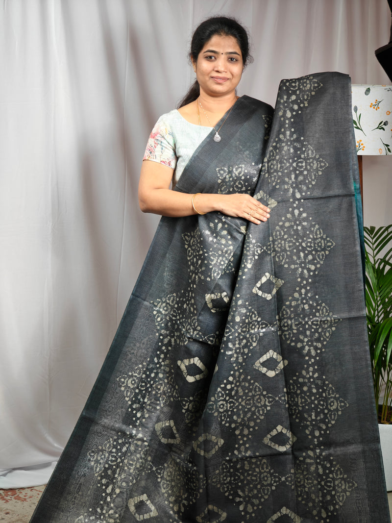 Bhagalpuri with Batik Print - Grey with Sea Green