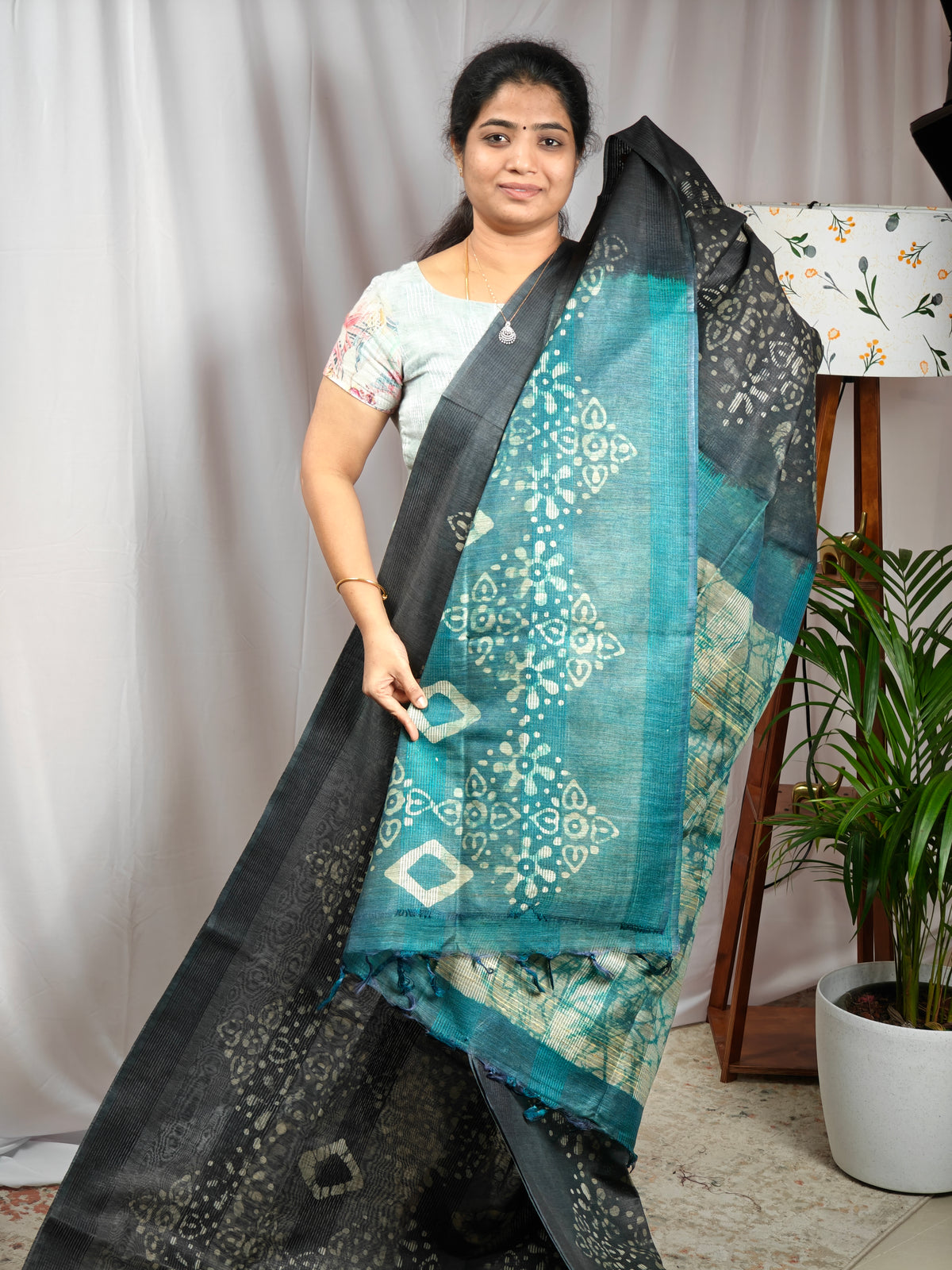 Bhagalpuri with Batik Print - Grey with Sea Green