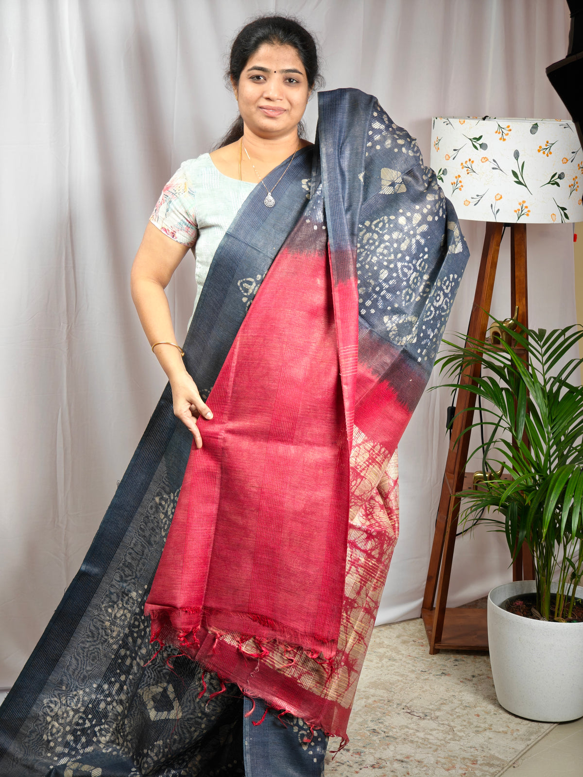 Bhagalpuri with Batik Print - Blue with Marron