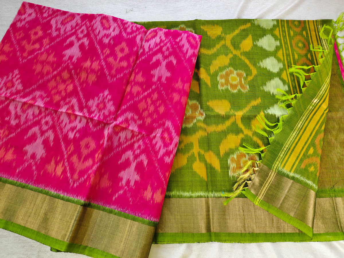 Pink with Green Pochampally Ikkat Silk Cotton (SICO Pattu)