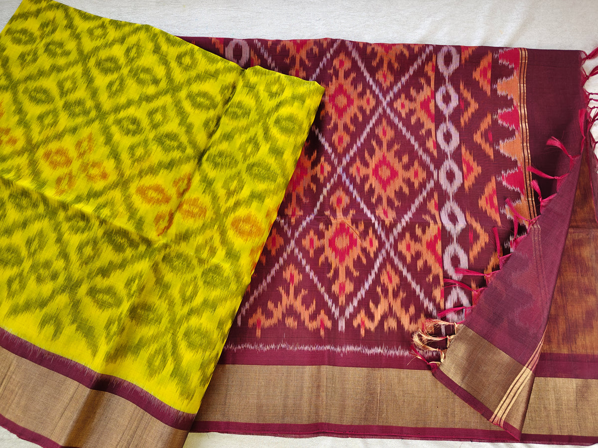 Yellow with Maroon Pochampally Ikkat Silk Cotton (SICO Pattu)