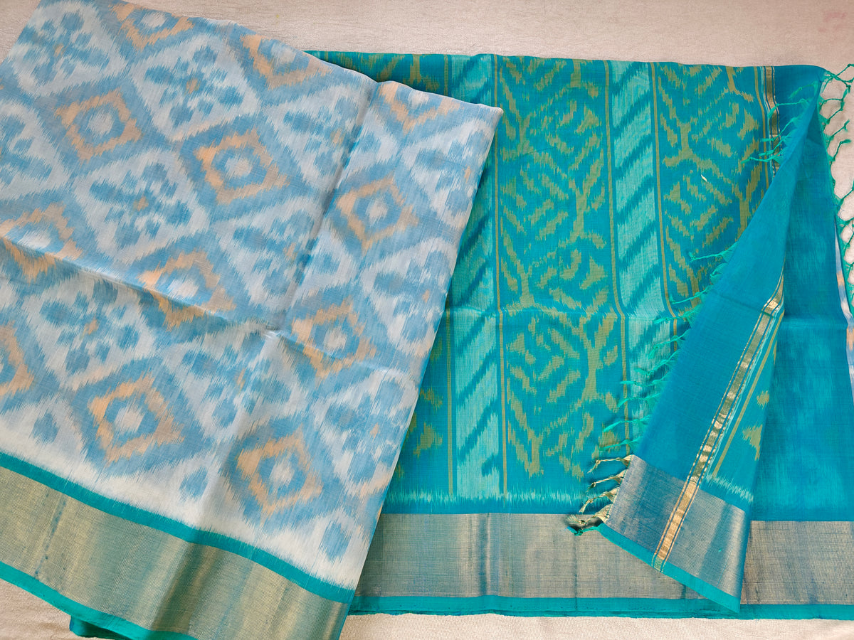 Off-white with Blue Pochampally Ikkat Silk Cotton (SICO Pattu)