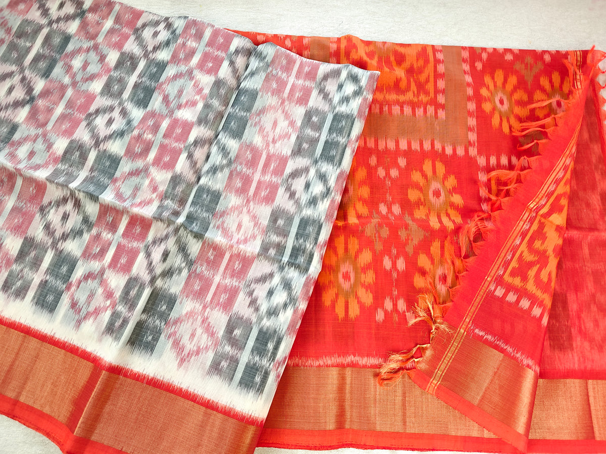 Off-white with Orange Pochampally Ikkat Silk Cotton (SICO Pattu)