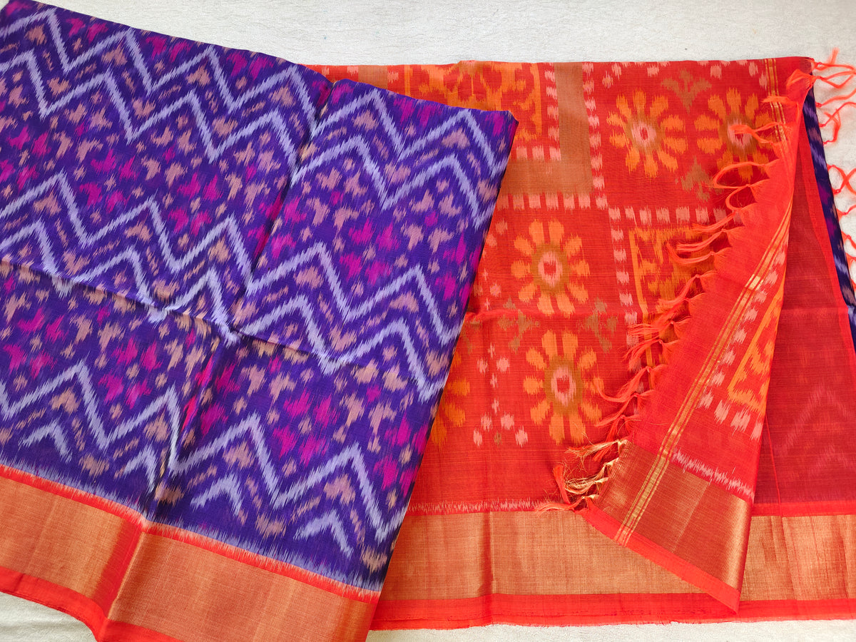 Purple with Orange Pochampally Ikkat Silk Cotton (SICO Pattu)
