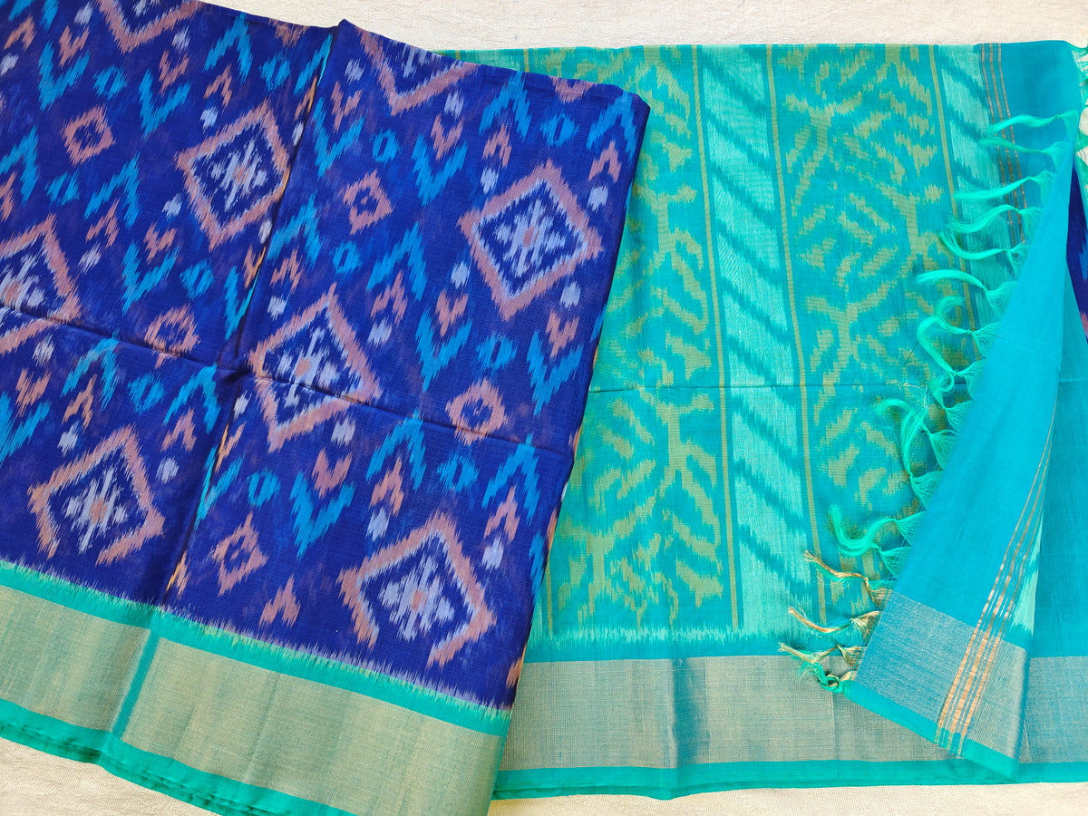 Dark Blue with Sky Blue Pochampally Ikkat Silk Cotton (SICO Pattu)